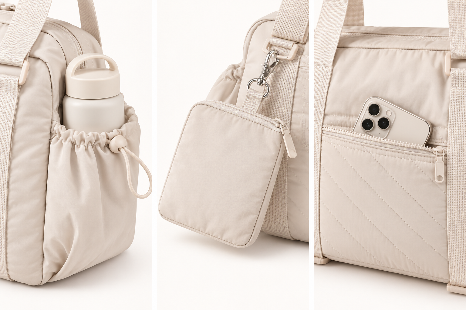Side drawstring pocket, detachable pouch and exterior zipper pocket details