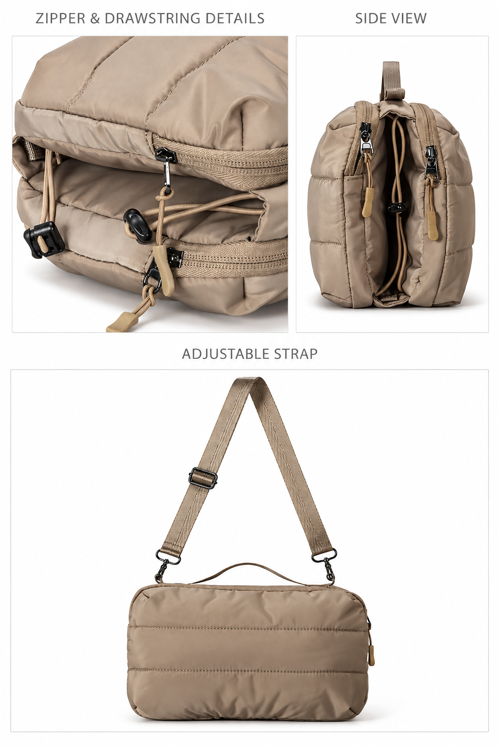Close-up of zippers and drawstring, side profile and adjustable strap