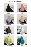 Color guide: Black, Pink, Lavender, Khaki, Coffee Brown, White, Lime Green and Teal
