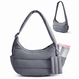 Gray padded crescent shoulder bag