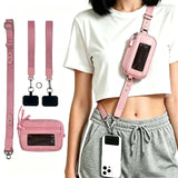 Pink crossbody organizer pouch worn across the body with an external phone tether