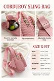 Corduroy sling bag interior, zippers, adjustable strap and size guide in English