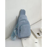Light Blue corduroy sling bag with approximate dimensions