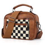 Brown checkerboard color-block crossbody bag, mirrored studio view