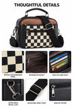 Woven panel, interior zip pocket, card slots, metal clips, strap and rear pocket