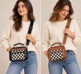 Black and Brown checkerboard bags styled crossbody on models