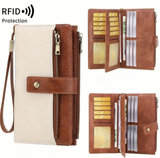 Women's Retro Casual Minimalist Solid Color RFID Blocking Synthetic PU Leather Wallet - Slim Bifold/Trifold Clutch Wristlet with Zipper Pocket, Built-In Card Holder, Large Capacity for Daily Carry & Holiday Gifting