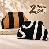 Striped Knit Makeup Bag for Women – Large Capacity Clip-Top Cosmetic Pouch & Travel Toiletry Organizer