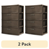 (2 pack) Sterilite 3 Drawer Wide Weave Tower, Plastic Décor Drawers with Pull Handles, Brown