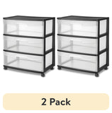 (2 pack) Sterilite Wide 3 Drawer Cart, Clear Plastic Storage Drawers, Wheels Included, Black