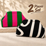 Striped Knit Makeup Bag for Women – Large Capacity Clip-Top Cosmetic Pouch & Travel Toiletry Organizer