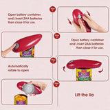 Electric can opener suitable for all can sizes. Kitchen food safety electric can opener with smooth edges. Battery-powered can opener for kitchen use, ideal for seniors, arthritis sufferers, and chefs.