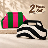 Striped Knit Makeup Bag for Women – Large Capacity Clip-Top Cosmetic Pouch & Travel Toiletry Organizer