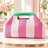 Women's Green Leaf Cosmetic Bag – Knitted Jacquard Makeup Organizer with Cutout Handle