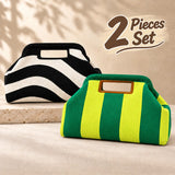 Striped Knit Makeup Bag for Women – Large Capacity Clip-Top Cosmetic Pouch & Travel Toiletry Organizer