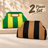 Striped Knit Makeup Bag for Women – Large Capacity Clip-Top Cosmetic Pouch & Travel Toiletry Organizer