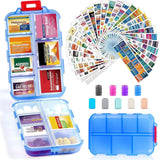 14 Grids Travel Pill Organizer Box with 415-Pcs Medicine Name Labels - Pocket Daily Pharmacy Case Container Kit - Travel Medication Holder Dispenser