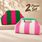 Striped Knit Makeup Bag for Women – Large Capacity Clip-Top Cosmetic Pouch & Travel Toiletry Organizer