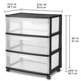 (2 pack) Sterilite Wide 3 Drawer Cart, Clear Plastic Storage Drawers, Wheels Included, Black