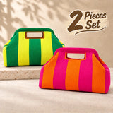 Striped Knit Makeup Bag for Women – Large Capacity Clip-Top Cosmetic Pouch & Travel Toiletry Organizer