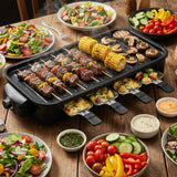 Pukomc Corded 2-in-1 Electric Indoor Grill & Pan - 1800W Smokeless, Temperature Control, Removable Non-Stick Plate, Grill Net, Dishwasher Safe Kitchen Supplies for Apartment Stuff