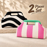 Striped Knit Makeup Bag for Women – Large Capacity Clip-Top Cosmetic Pouch & Travel Toiletry Organizer