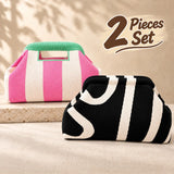 Striped Knit Makeup Bag for Women – Large Capacity Clip-Top Cosmetic Pouch & Travel Toiletry Organizer