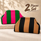 Striped Knit Makeup Bag for Women – Large Capacity Clip-Top Cosmetic Pouch & Travel Toiletry Organizer