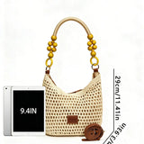 Women's Elegant Crochet Crossbody Shoulder Bag with Wooden Bead Decor, High-Quality Fashion Crossbody Purse, Casual Trendy Bag - image 2