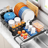 TOOLF Extendable Dish Drying Rack, 2-Tier Dish Rack for Kitchen Counter, Large Expandable Dish Drainer Over Sink, 3 in 1 Multifunction Dish Strainer with Drainboard & Cups Holder, Black