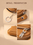 Close-up of key ring, wrist strap snap, pebbled PU texture and silver-tone zipper