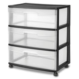 (2 pack) Sterilite Wide 3 Drawer Cart, Clear Plastic Storage Drawers, Wheels Included, Black