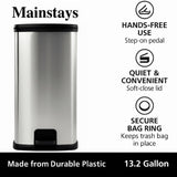Mainstays Kitchen Trash Can, 13.2 Gallon Plastic Step Garbage Bin with Lid, Silver