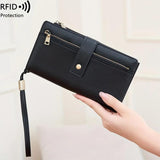 Women's Retro Casual Minimalist Solid Color RFID Blocking Synthetic PU Leather Wallet - Slim Bifold/Trifold Clutch Wristlet with Zipper Pocket, Built-In Card Holder, Large Capacity for Daily Carry & Holiday Gifting