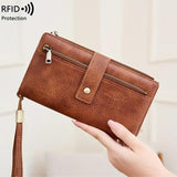 Women's Retro Casual Minimalist Solid Color RFID Blocking Synthetic PU Leather Wallet - Slim Bifold/Trifold Clutch Wristlet with Zipper Pocket, Built-In Card Holder, Large Capacity for Daily Carry & Holiday Gifting