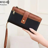 Women's Retro Casual Minimalist Solid Color RFID Blocking Synthetic PU Leather Wallet - Slim Bifold/Trifold Clutch Wristlet with Zipper Pocket, Built-In Card Holder, Large Capacity for Daily Carry & Holiday Gifting