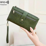 Women's Retro Casual Minimalist Solid Color RFID Blocking Synthetic PU Leather Wallet - Slim Bifold/Trifold Clutch Wristlet with Zipper Pocket, Built-In Card Holder, Large Capacity for Daily Carry & Holiday Gifting