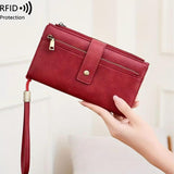 Women's Retro Casual Minimalist Solid Color RFID Blocking Synthetic PU Leather Wallet - Slim Bifold/Trifold Clutch Wristlet with Zipper Pocket, Built-In Card Holder, Large Capacity for Daily Carry & Holiday Gifting
