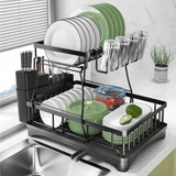 Riousery 2 Tier Dish Racks for Kitchen Counter, Dish Drying Rack with Dish Drainer, Stainless Steel Dish Rack Drain Set with Utensil Cups Holders, Drain Board with Drainage, Kitchen Organizers