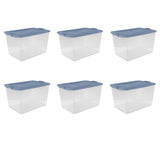 Sterilite Large Storage Bin, 66 Quart Clear Plastic Storage Container with Latch Lid, Light Blue, 6 Count