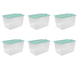 Sterilite Large Storage Bin, 66 Quart Clear Plastic Storage Container with Latch Lid, Light Blue, 6 Count
