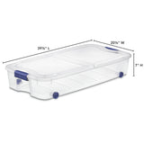 (2 pack) Sterilite Large Storage Bin, 66 Quart Clear Underbed Storage Container with Latch Lid and Wheels, Blue