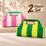 Striped Knit Makeup Bag for Women – Large Capacity Clip-Top Cosmetic Pouch & Travel Toiletry Organizer