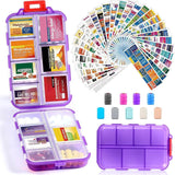 14 Grids Travel Pill Organizer Box with 415-Pcs Medicine Name Labels - Pocket Daily Pharmacy Case Container Kit - Travel Medication Holder Dispenser