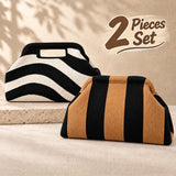 Striped Knit Makeup Bag for Women – Large Capacity Clip-Top Cosmetic Pouch & Travel Toiletry Organizer
