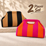 Striped Knit Makeup Bag for Women – Large Capacity Clip-Top Cosmetic Pouch & Travel Toiletry Organizer