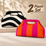 Striped Knit Makeup Bag for Women – Large Capacity Clip-Top Cosmetic Pouch & Travel Toiletry Organizer