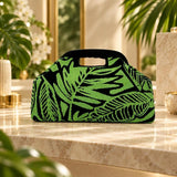 Women's Green Leaf Cosmetic Bag – Knitted Jacquard Makeup Organizer with Cutout Handle