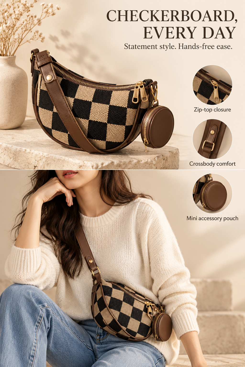 Checkerboard crossbody styling inspiration and zipper and mini pouch details
