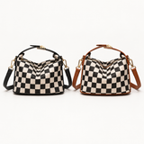 Black and Brown checkerboard mini handbags with gold-tone hardware.